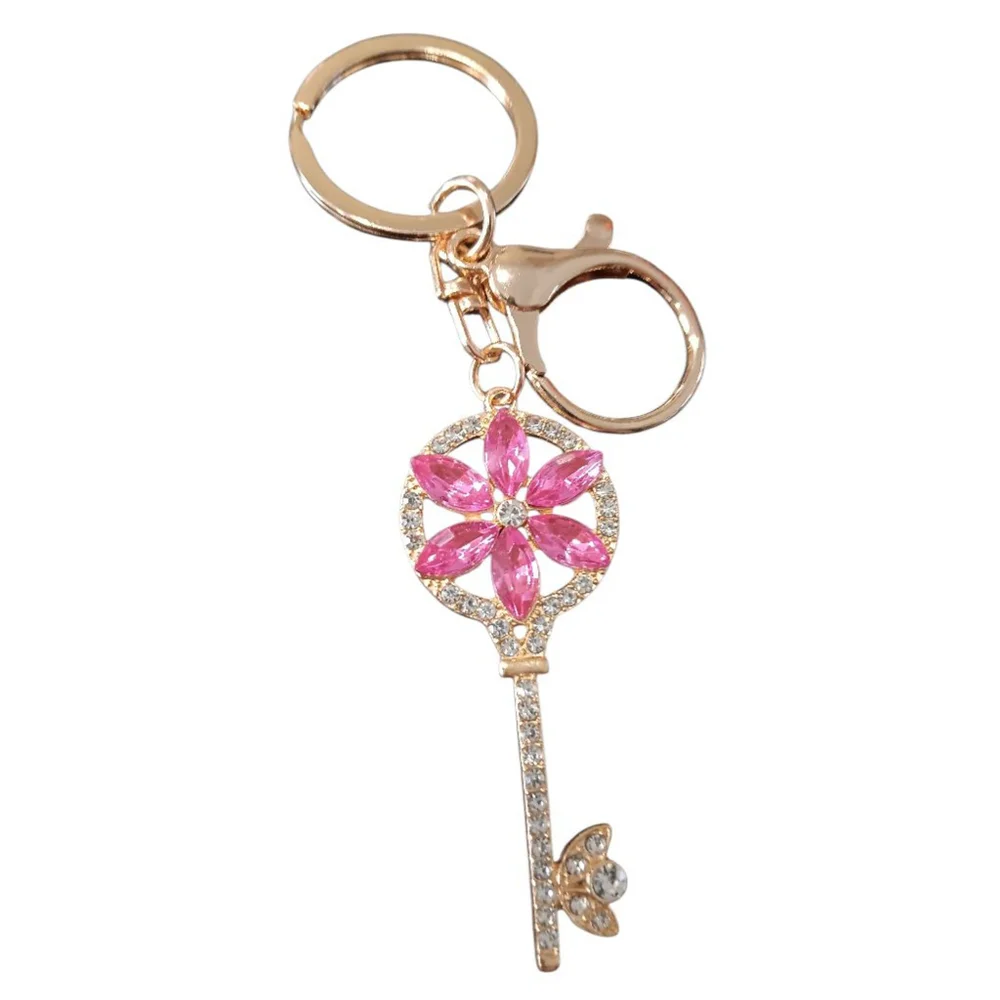 Floral Rhinestone Skeleton Key Keychain Purse Charm with Pink Flower